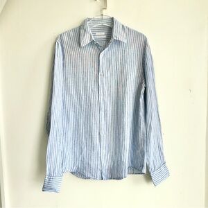 Robert Friedman Authentic Pleasure Shirt Linen Blue Striped Button Down Shirt M